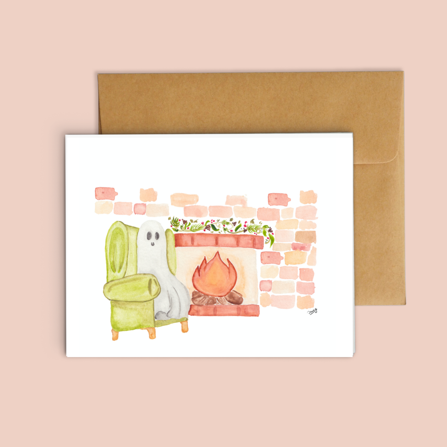 White Linen paper greeting card - Ghost and fireplace