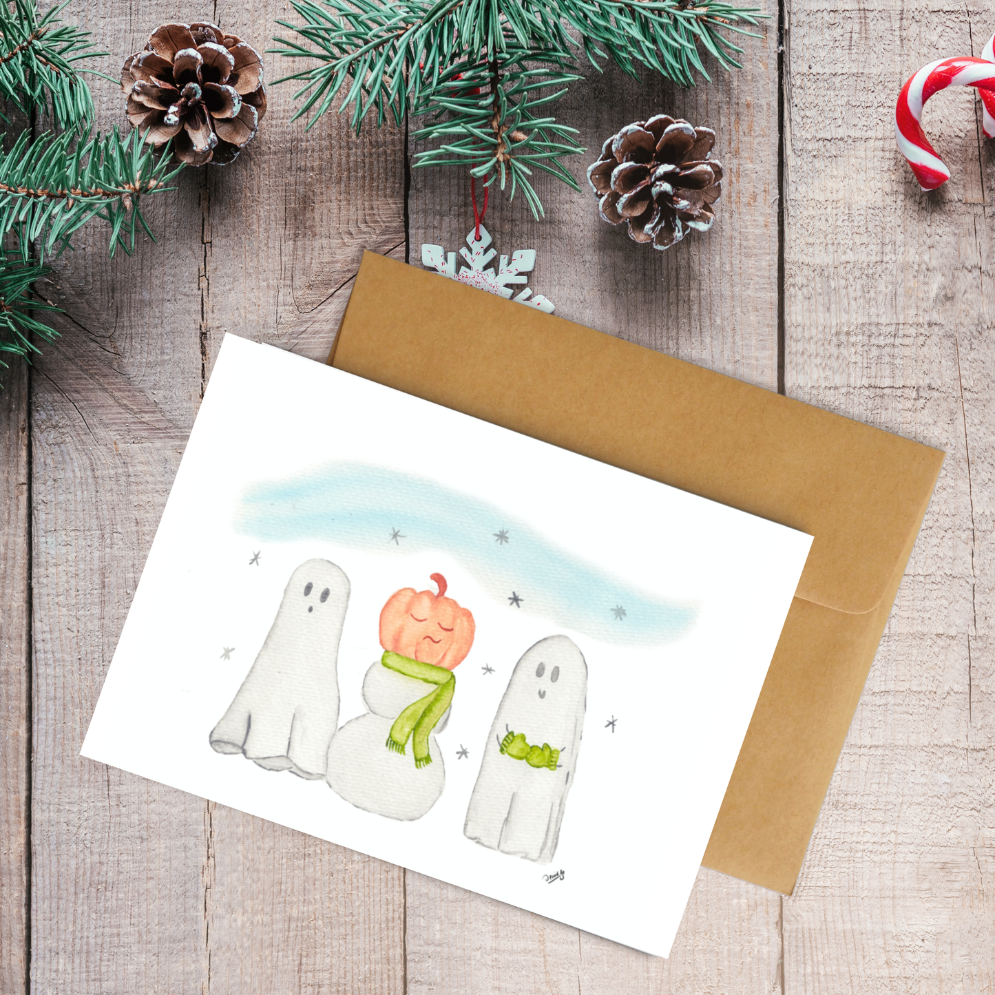 White Linen paper greeting card - Ghost and snowman