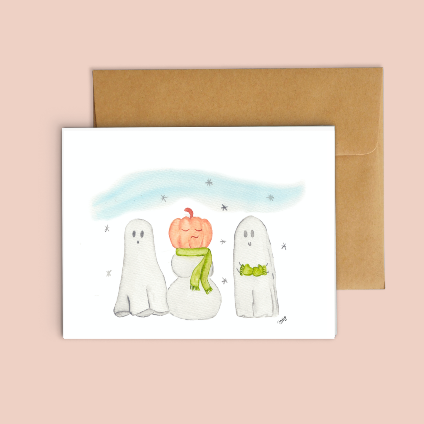 White Linen paper greeting card - Ghost and snowman