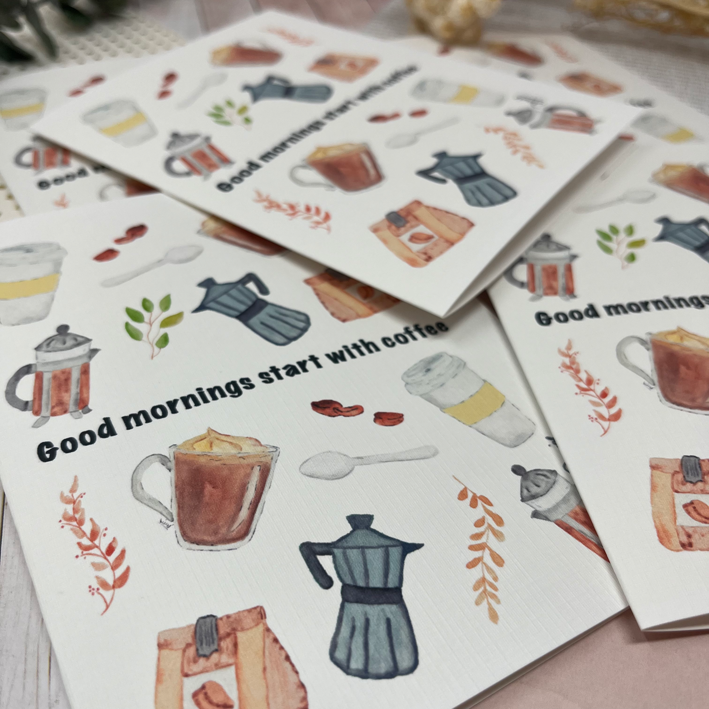 White Linen paper greeting card - Good mornings start with coffee