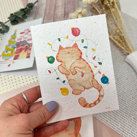 Carte de souhaits en papier ensemencé - Chat et ses lumières de Noël