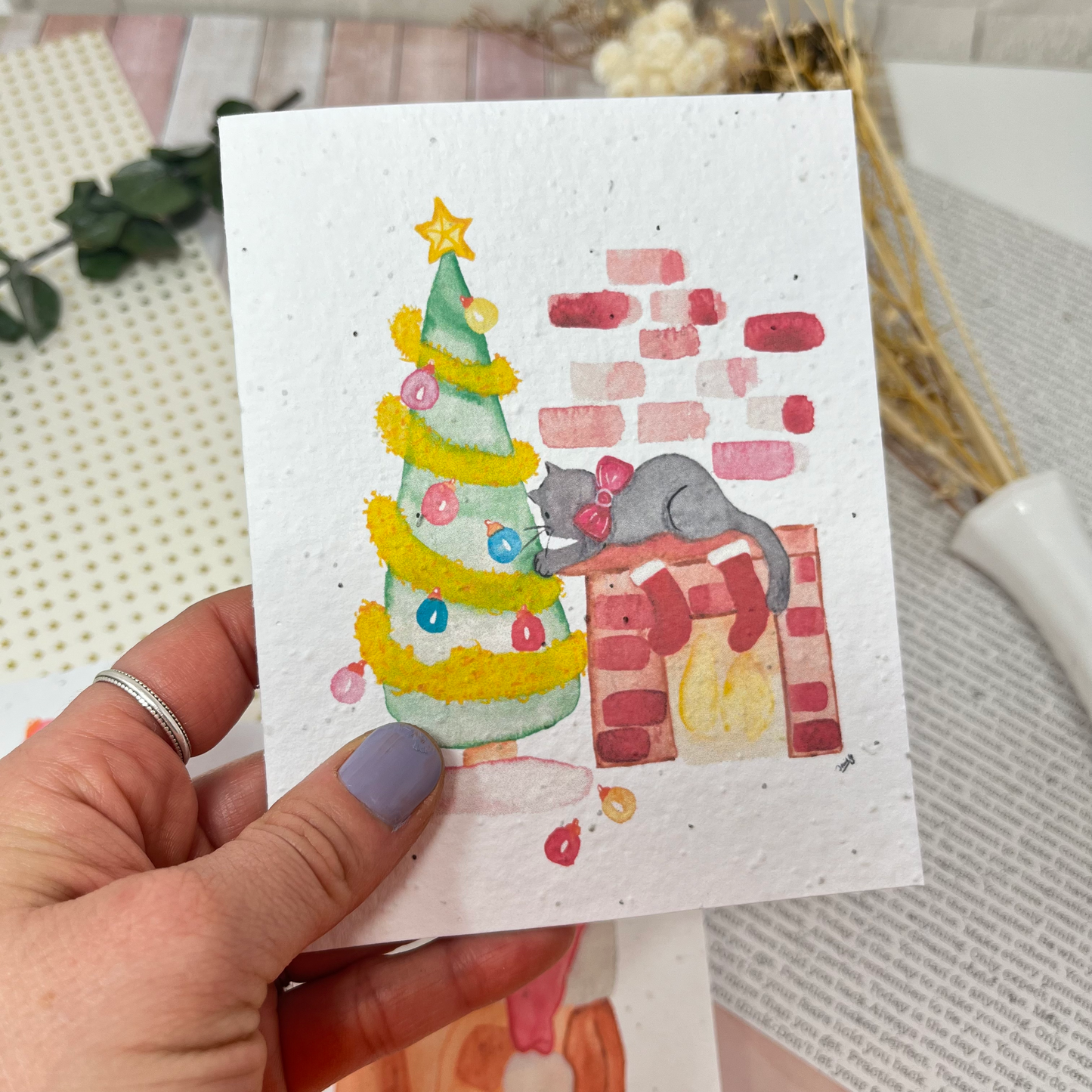 Carte de souhaits en papier ensemencé - Sapin Noël et son chat