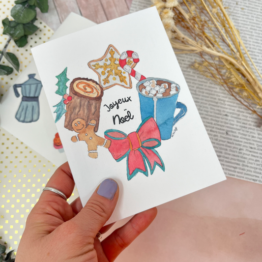 White Linen paper greeting card - Joyeux Noël