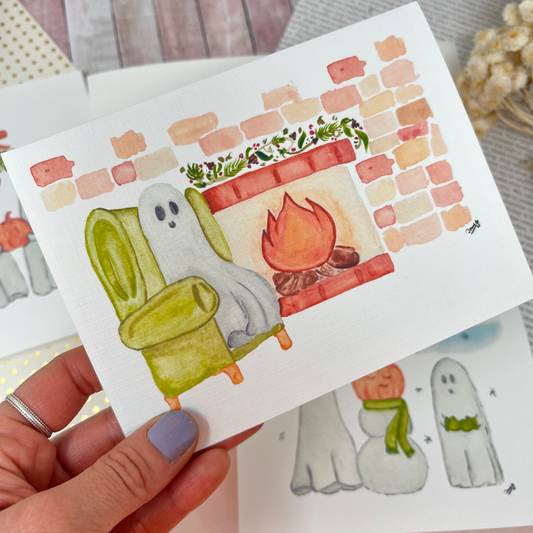 White Linen paper greeting card - Ghost and fireplace