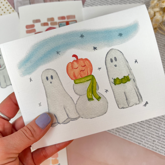 White Linen paper greeting card - Ghost and snowman