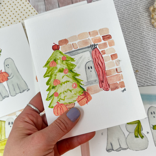 White Linen paper greeting card - Ghost and christmas tree