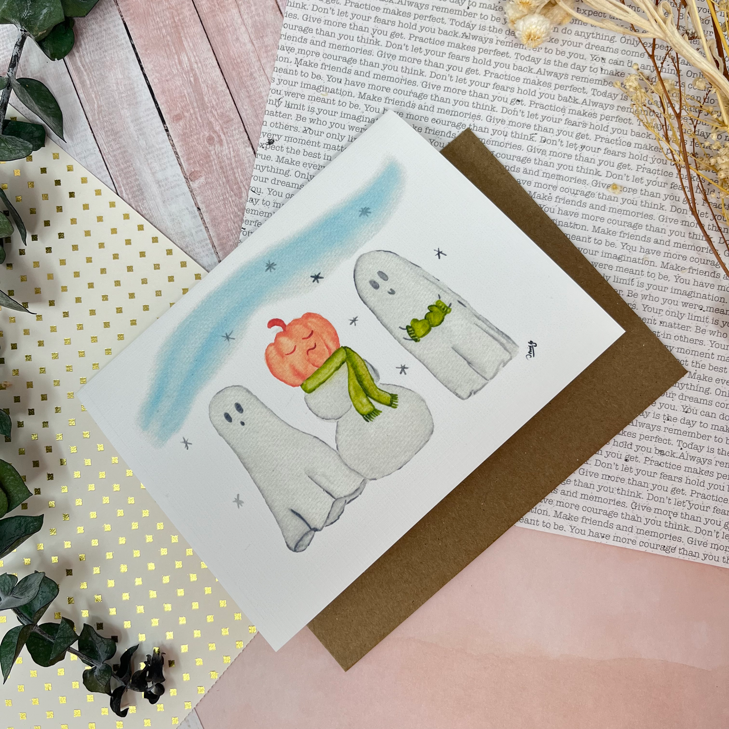 White Linen paper greeting card - Ghost and snowman