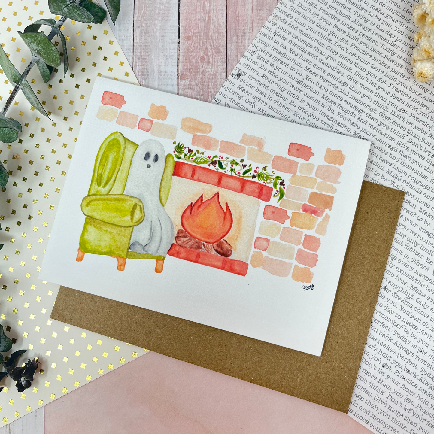 White Linen paper greeting card - Ghost and fireplace