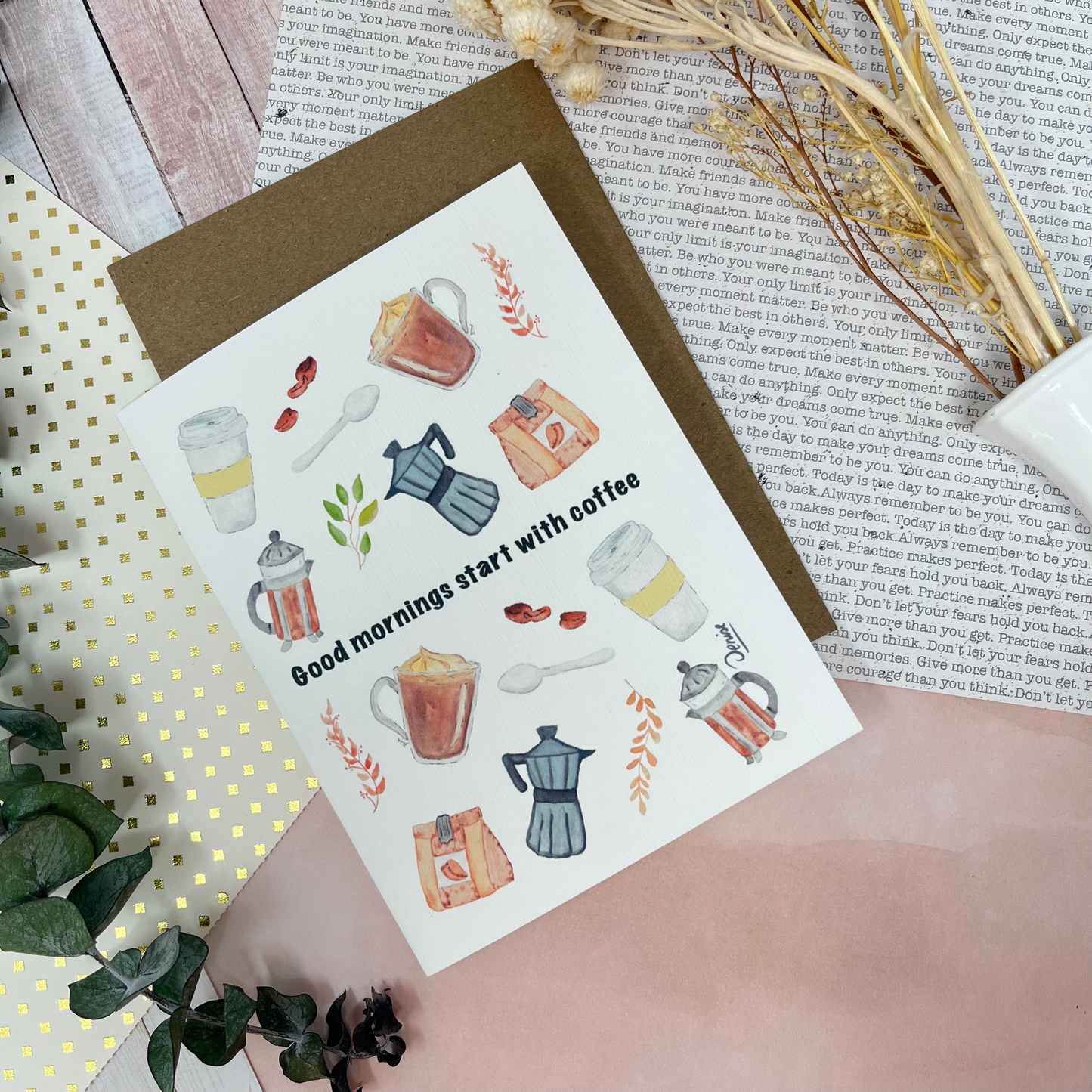 White Linen paper greeting card - Good mornings start with coffee