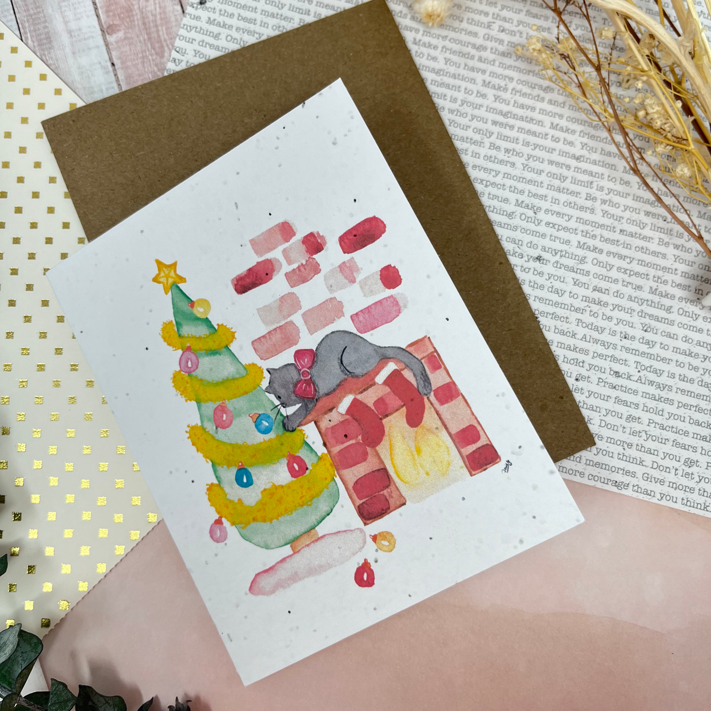 Seed paper greeting card - Messy cat with the Christmas tree