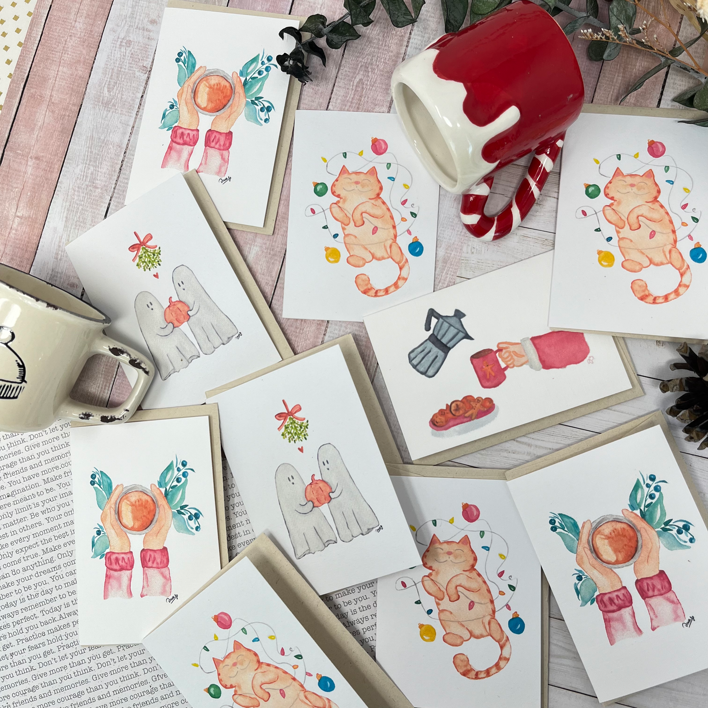 Mini greeting card - Cat and christmas lights