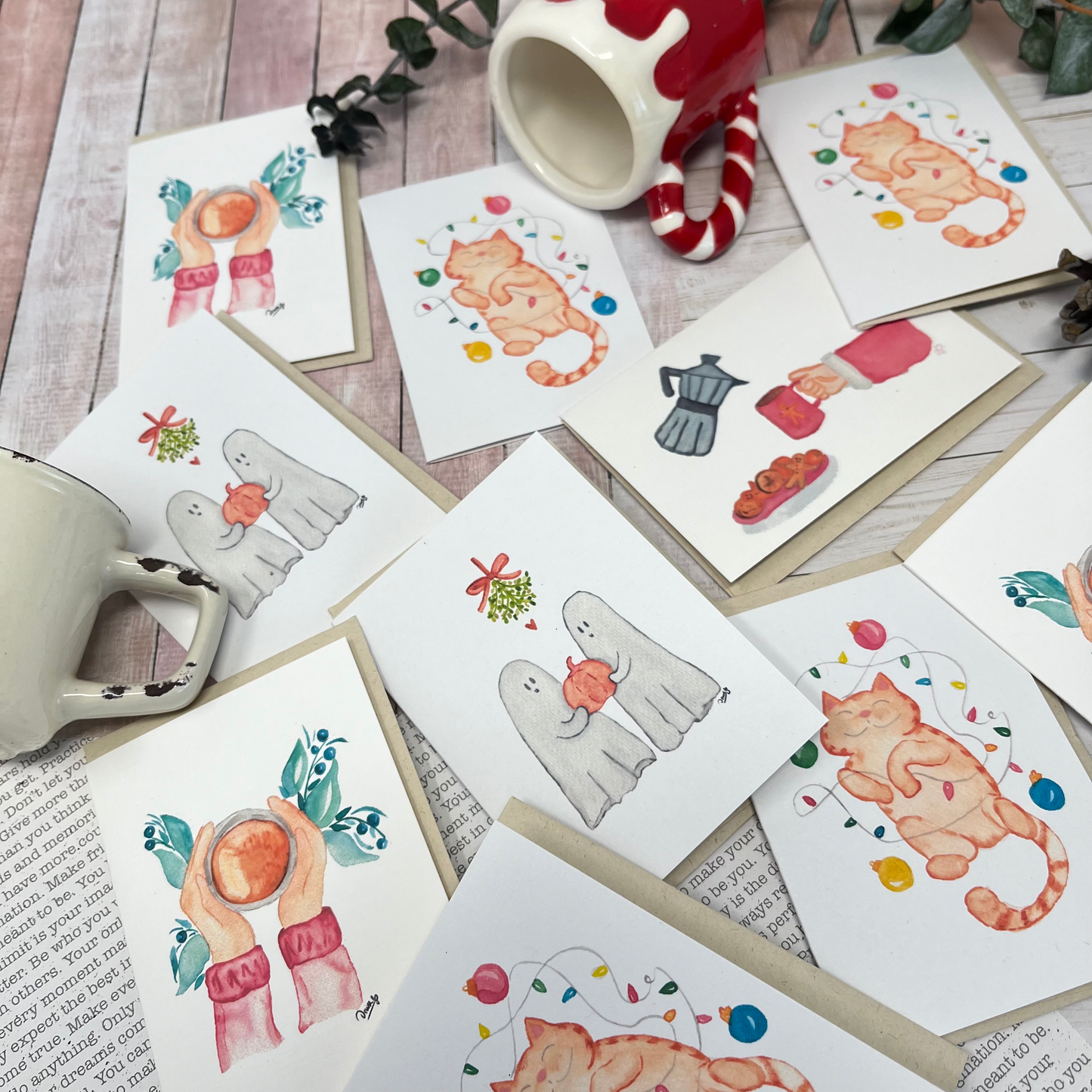 Mini greeting card - Cat and christmas lights