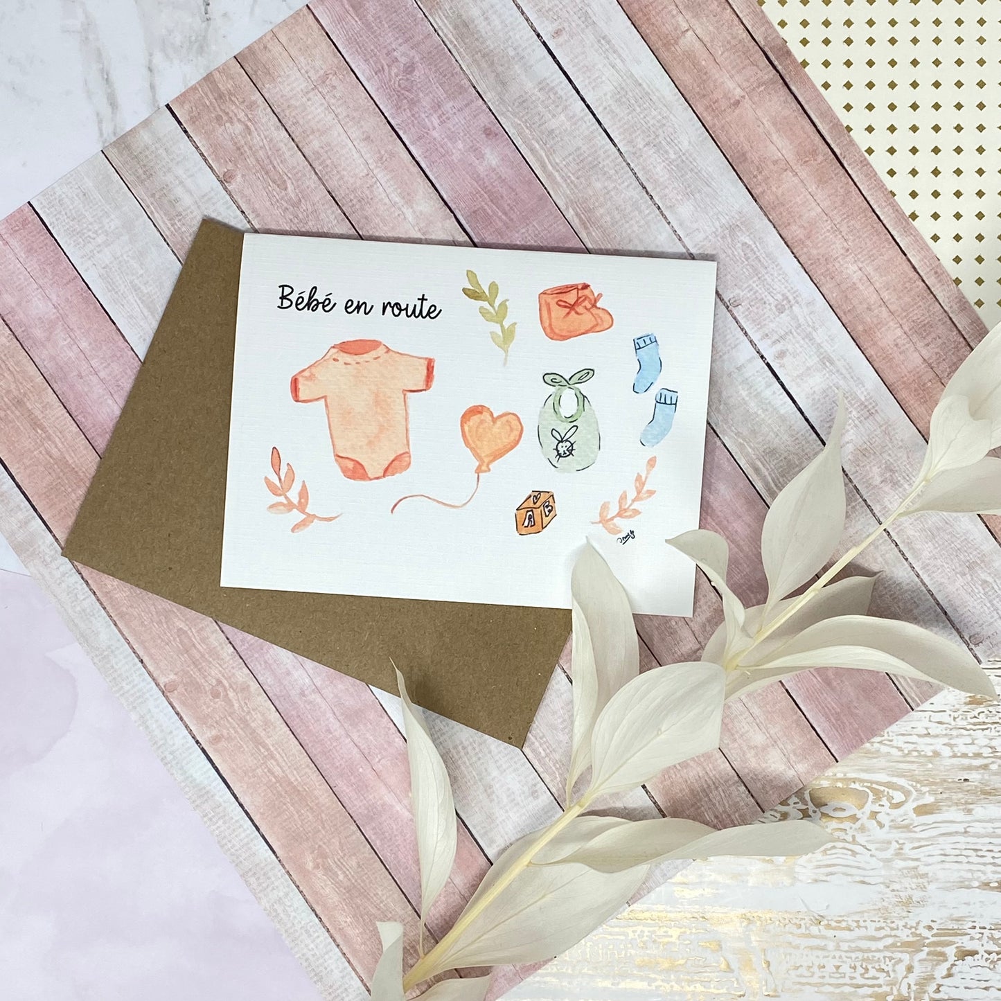 White Linen paper greeting card - Bébé en route