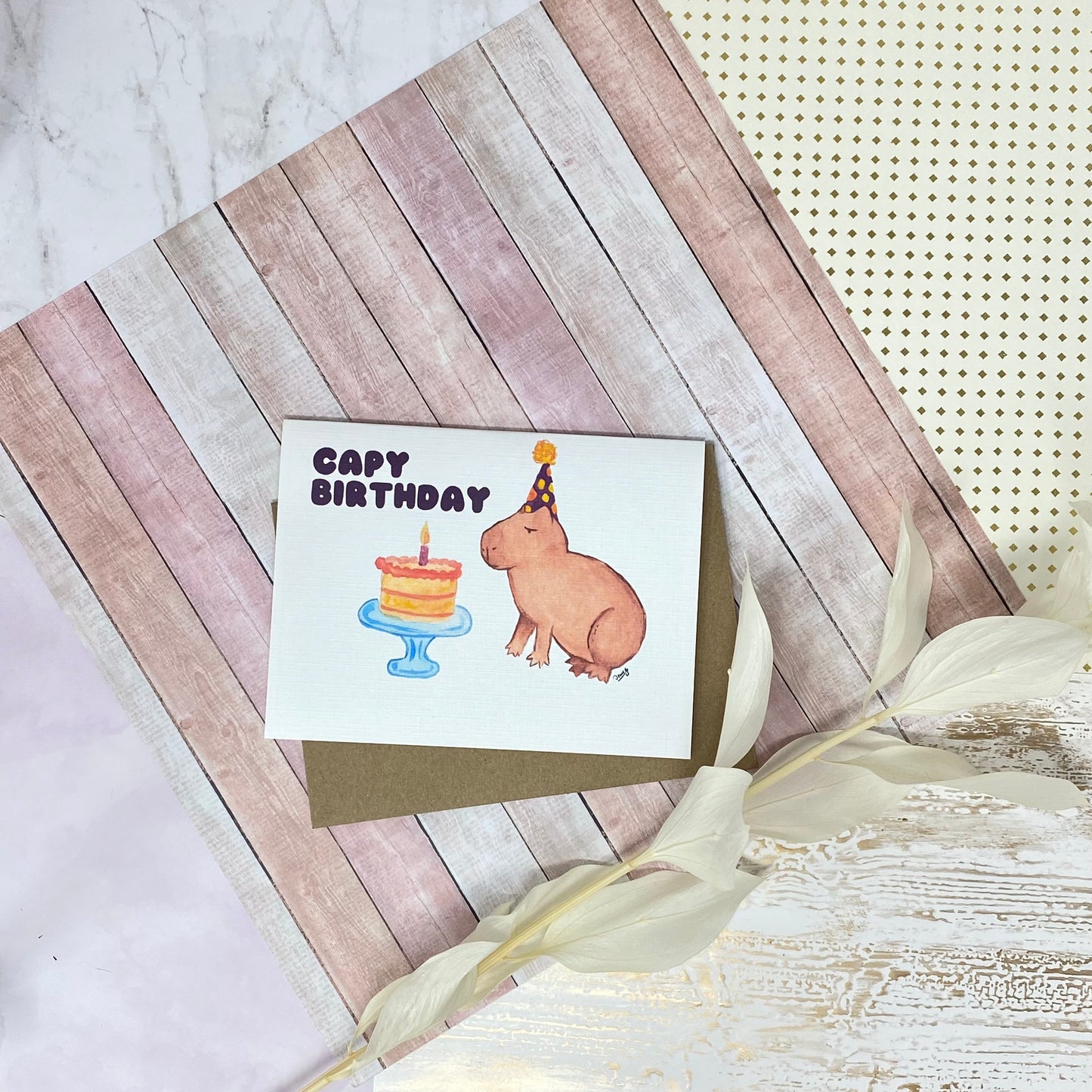 White Linen paper greeting card - Capy birthday