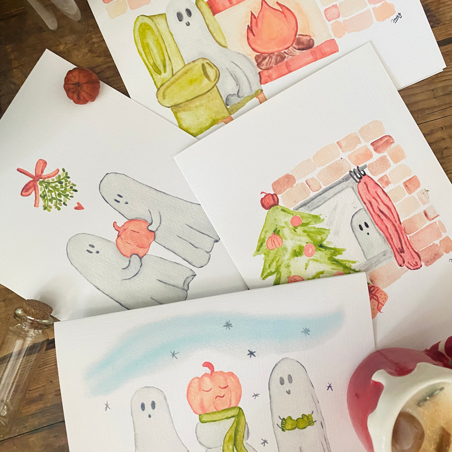 White Linen paper greeting card - Ghost and cookies