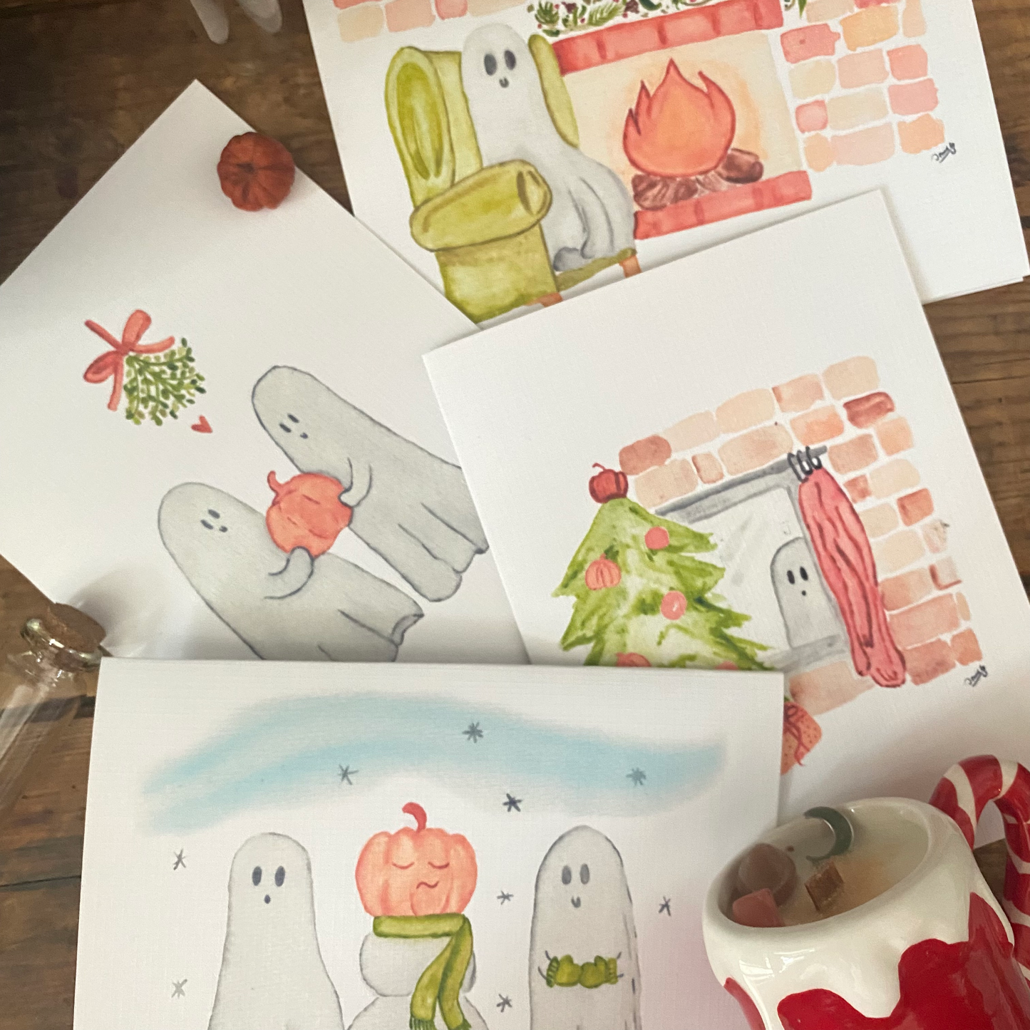 White Linen paper greeting card - Ghost and snowman