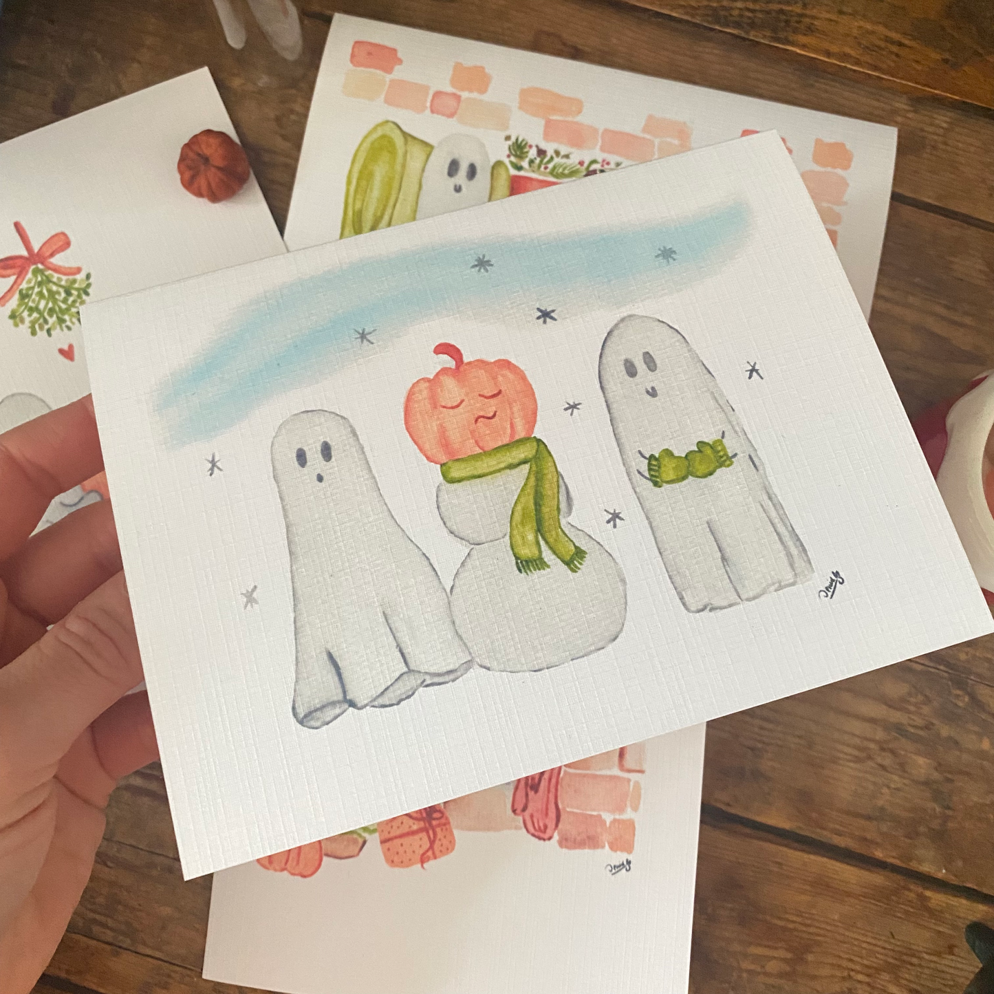 White Linen paper greeting card - Ghost and snowman