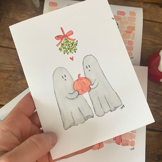 White Linen paper greeting card - Ghosts  and mistletoe