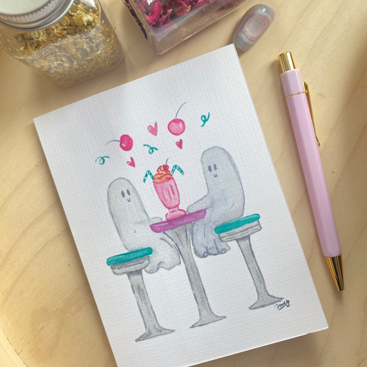 White Linen paper greeting card - Diner date ghosts