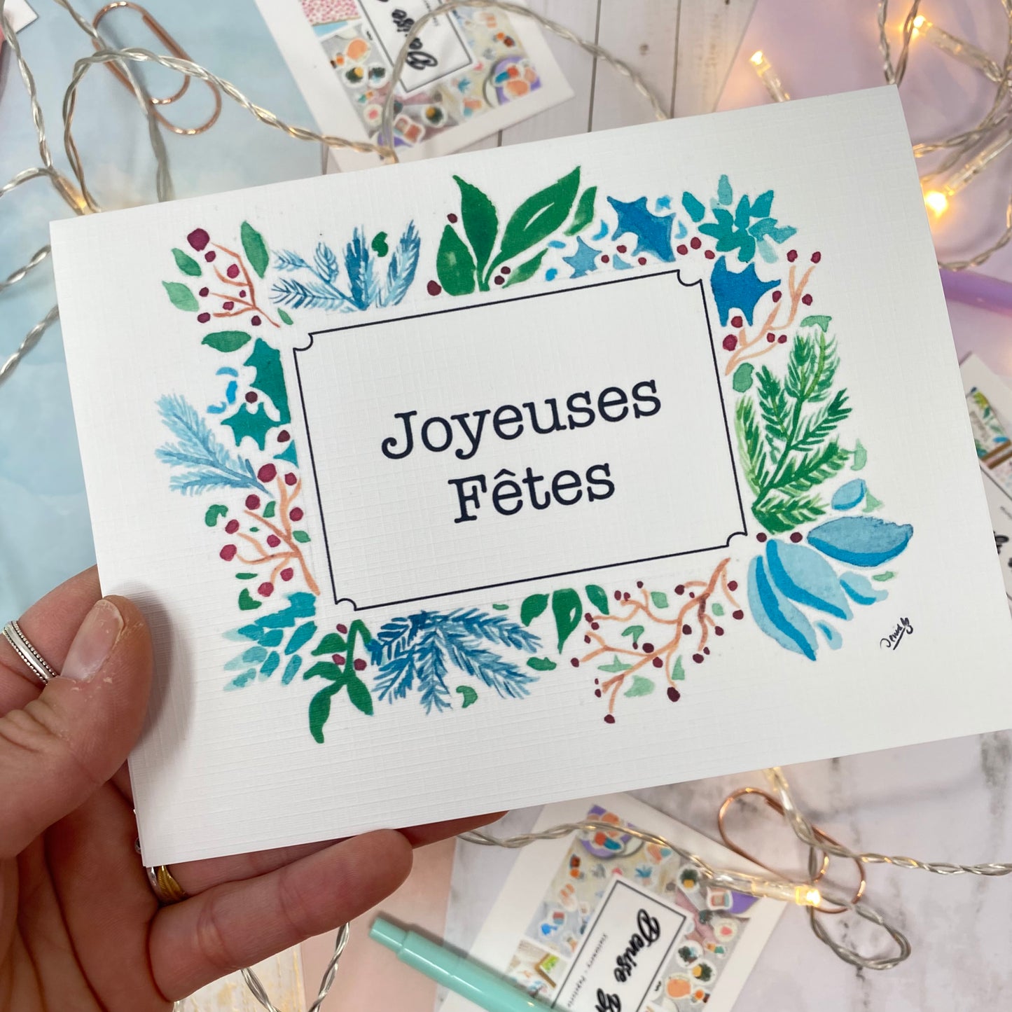 White Linen paper greeting card - Joyeux Noël (cadre)