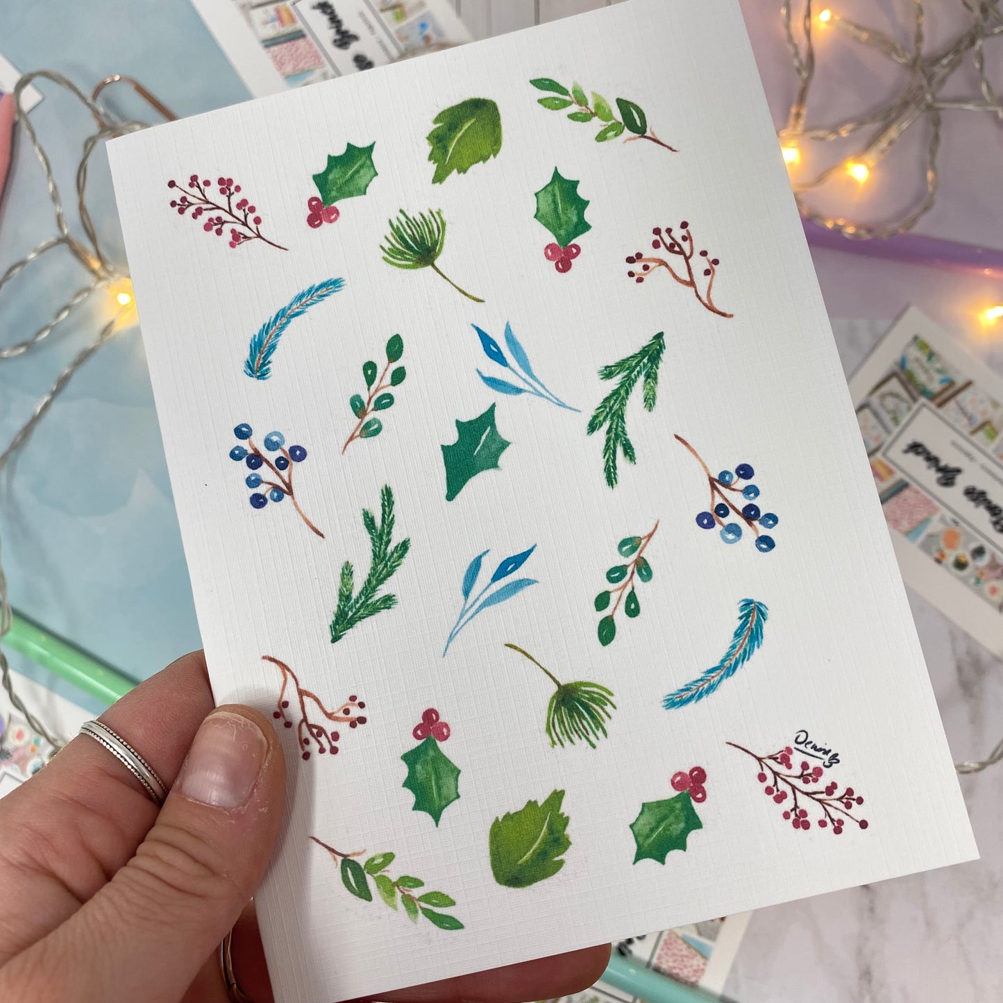 White Linen paper greeting card - Winter leaves