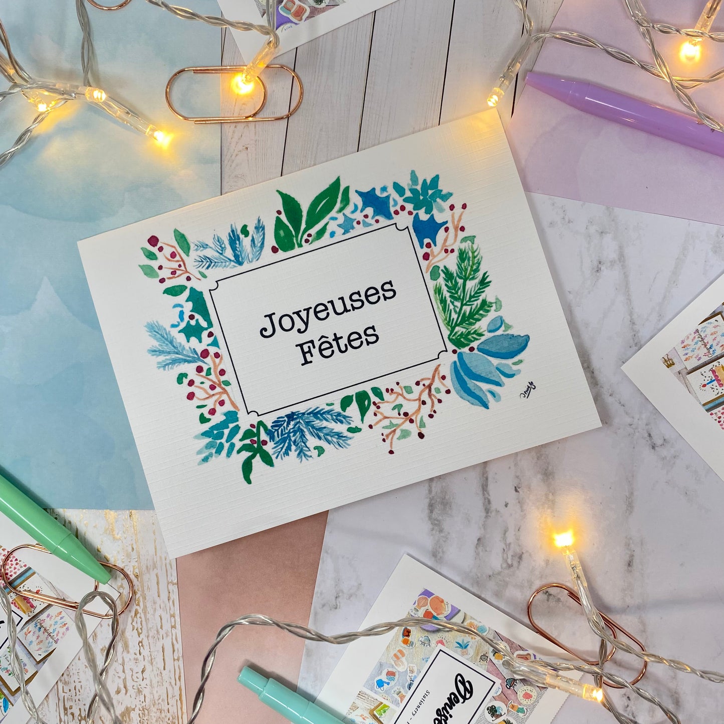 White Linen paper greeting card - Joyeux Noël (cadre)