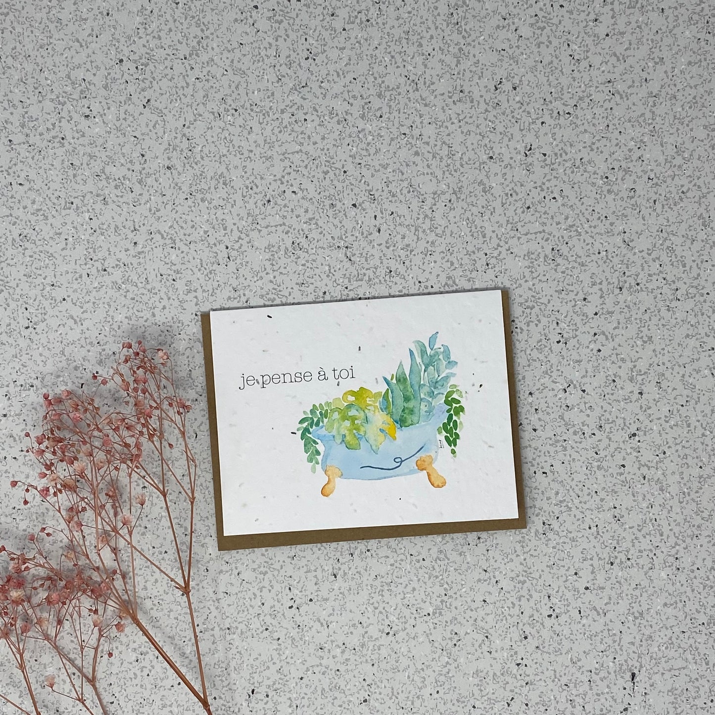 Carte de souhaits en papier ensemencé -  Je pense à toi (Bain de plantes)