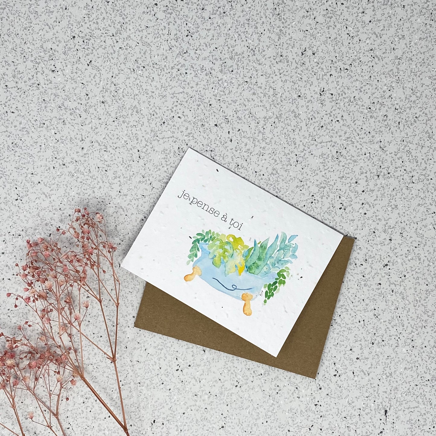 Carte de souhaits en papier ensemencé -  Je pense à toi (Bain de plantes)