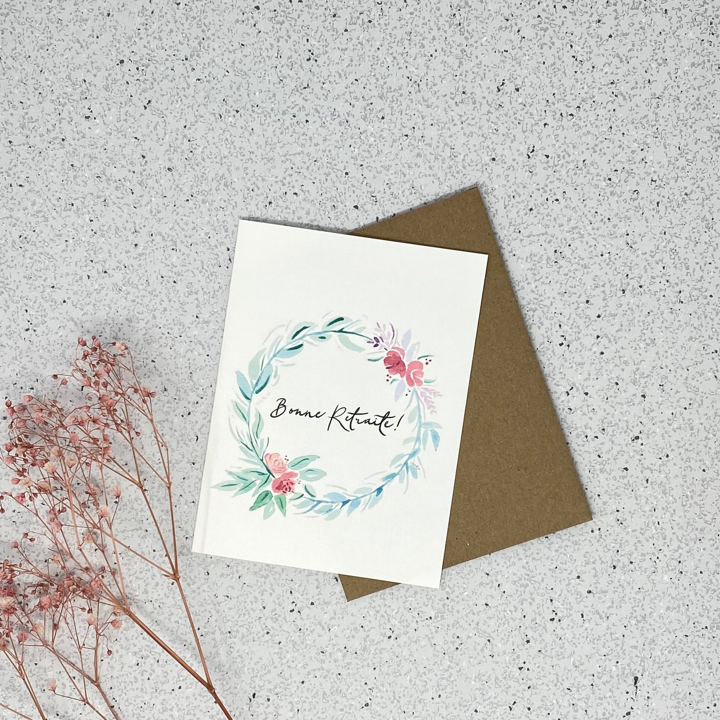 White Linen paper greeting card - Bonne retraite (couronne fleurs)!