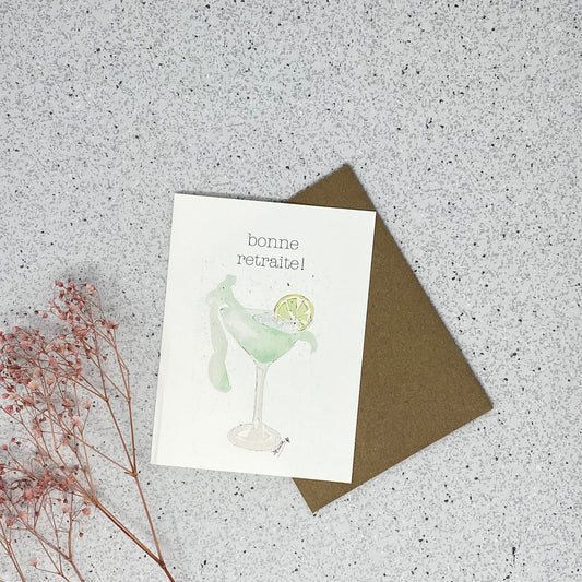 White Linen paper greeting card - Bonne retraite (martini)!