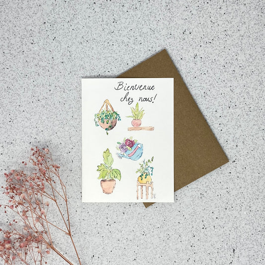 White Linen paper greeting card - Bienvenue chez nous!