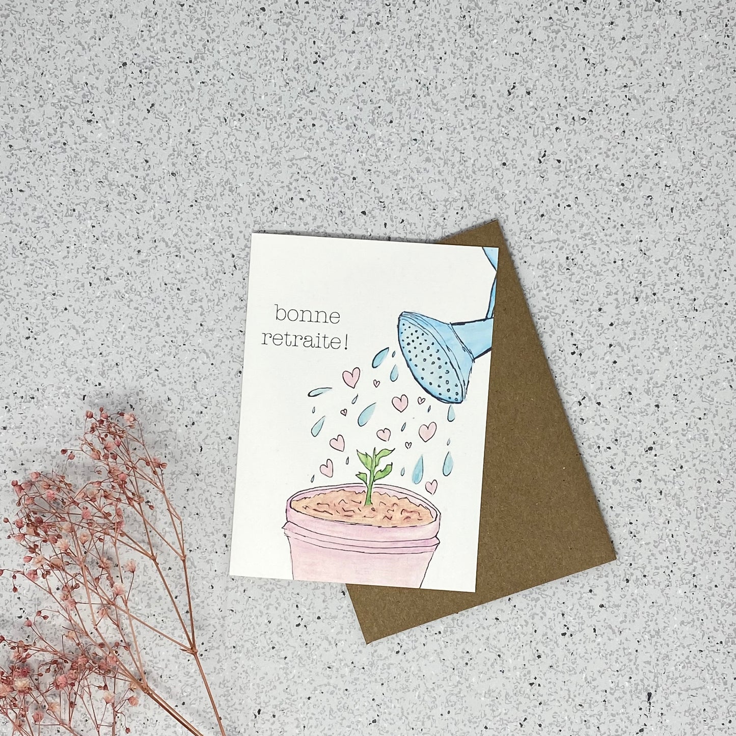 White Linen paper greeting card - Bonne retraite (plante)!