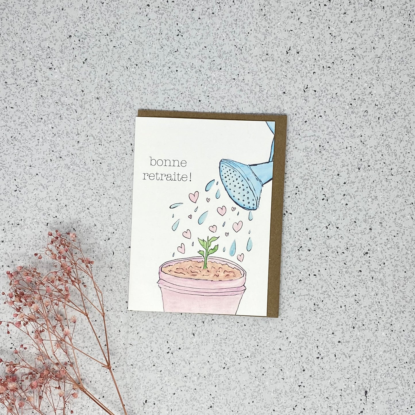 White Linen paper greeting card - Bonne retraite (plante)!