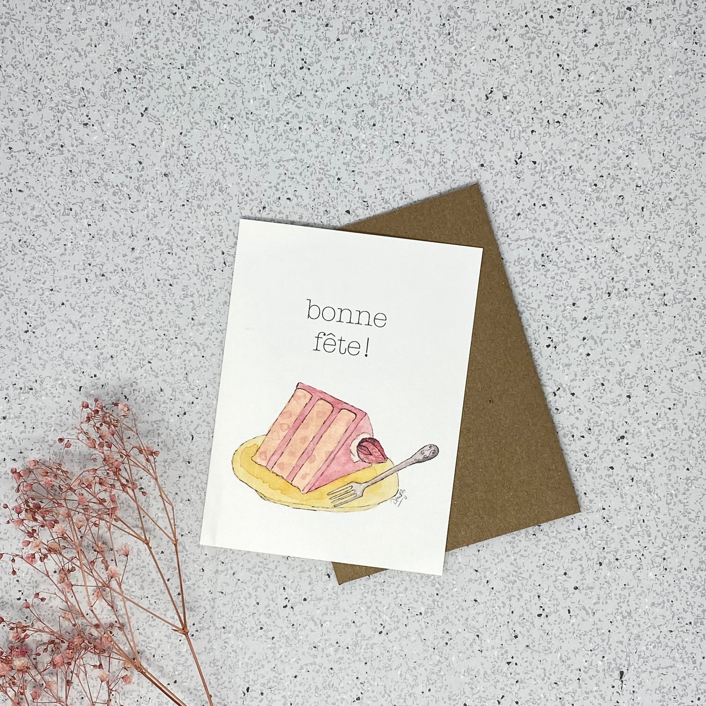 White Linen paper greeting card - Bonne fête! (strawberry cake)