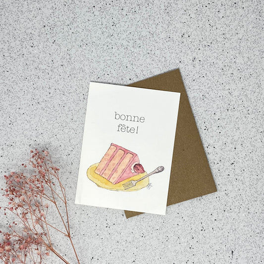 White Linen paper greeting card - Bonne fête! (strawberry cake)