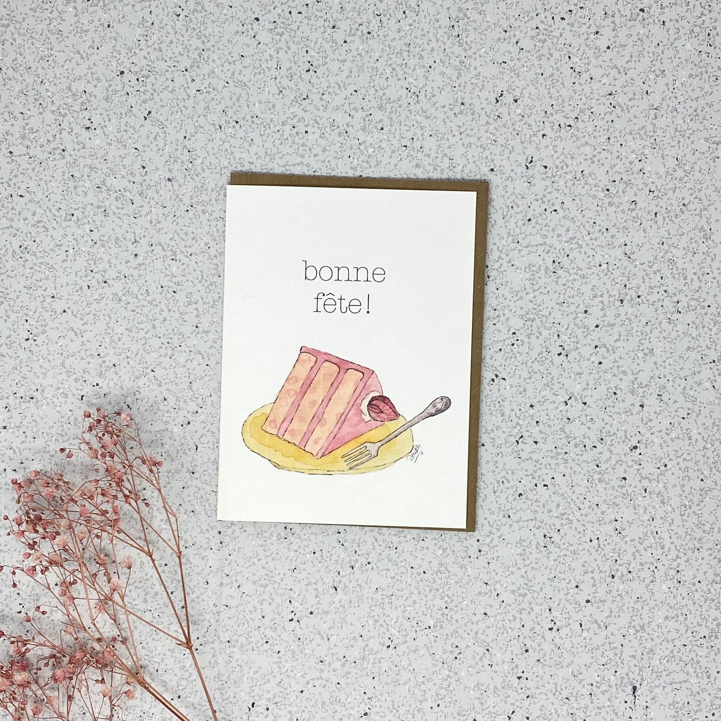 White Linen paper greeting card - Bonne fête! (strawberry cake)