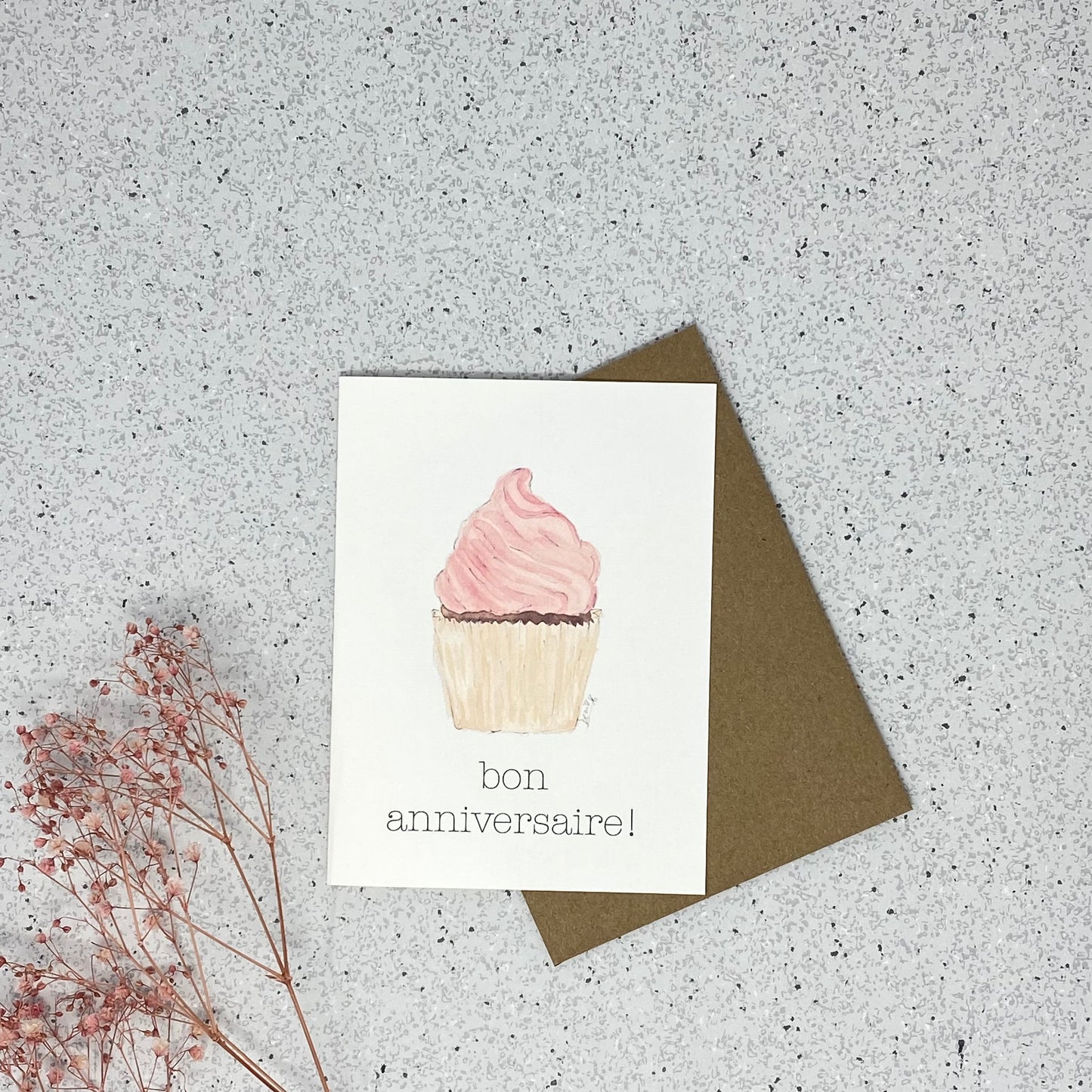 White Linen paper greeting card - Bon anniversaire cupcake