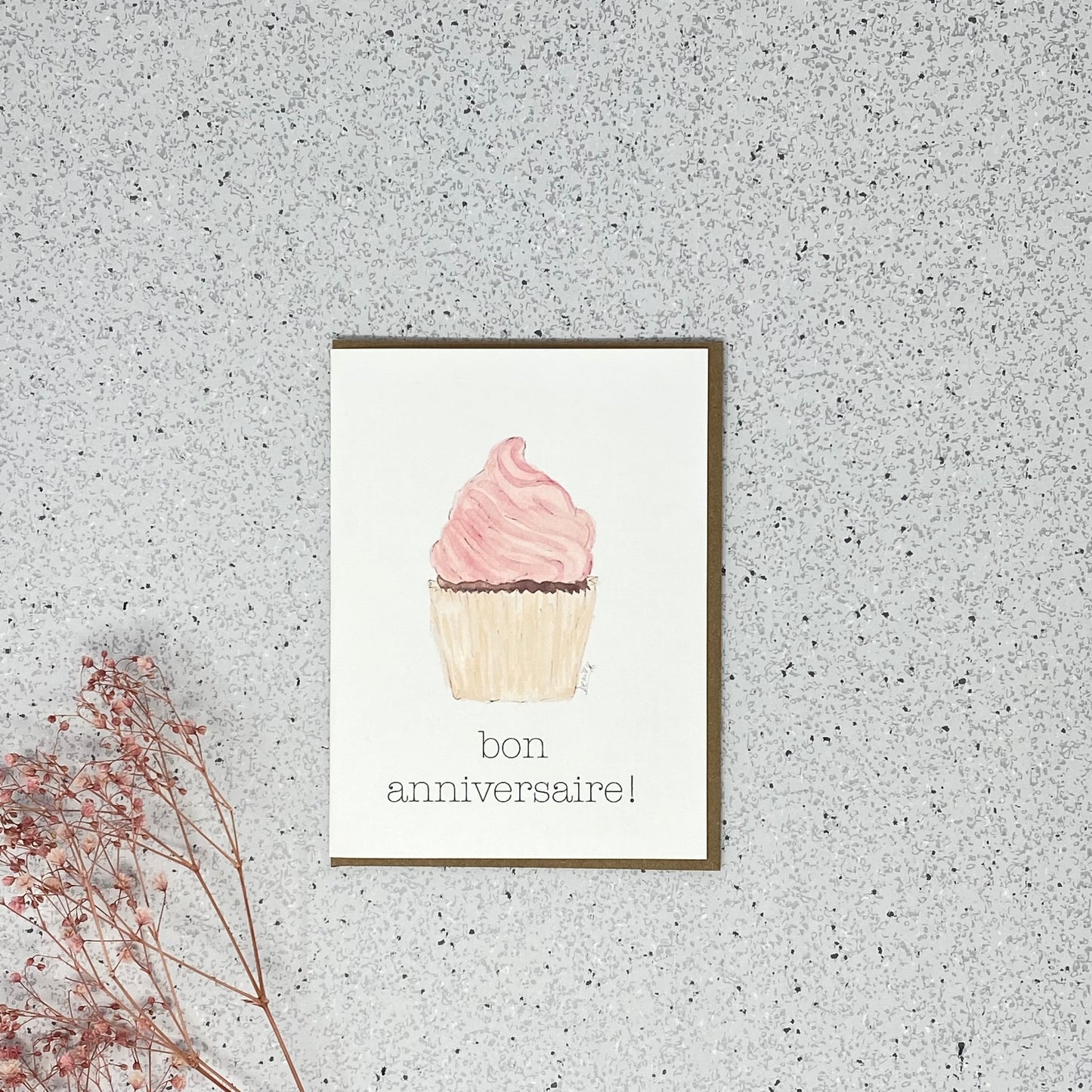 White Linen paper greeting card - Bon anniversaire cupcake