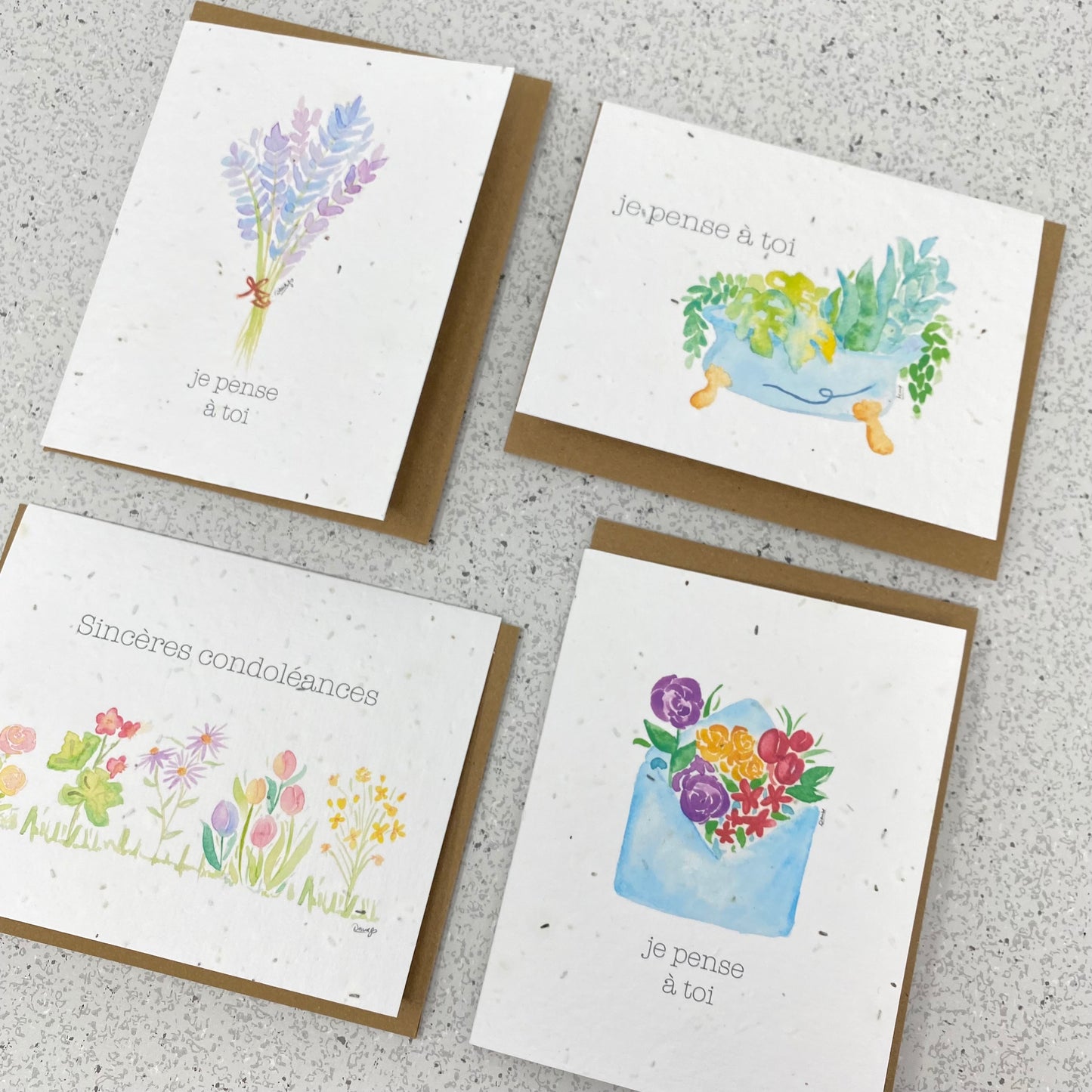 Seed paper greeting card - Je pense à toi (Bath of plants)