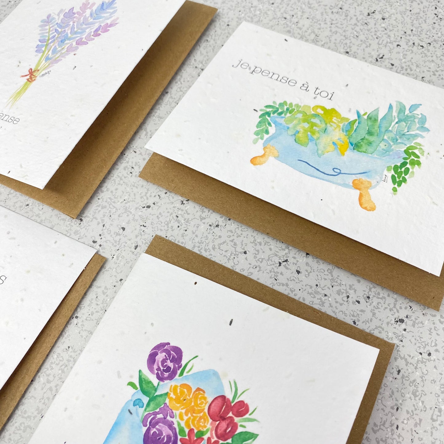 Seed paper greeting card - Je pense à toi (Bath of plants)