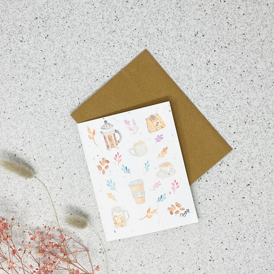 White Linen paper greeting card - Coffee elements