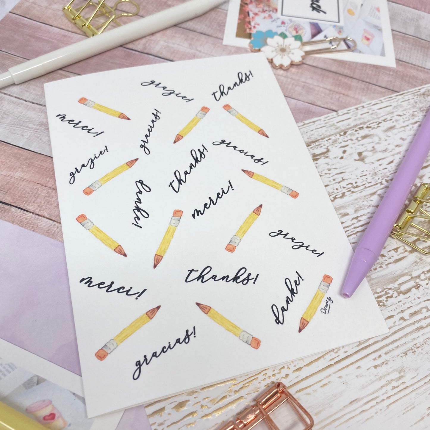 White Linen paper greeting card - Thanks pencil