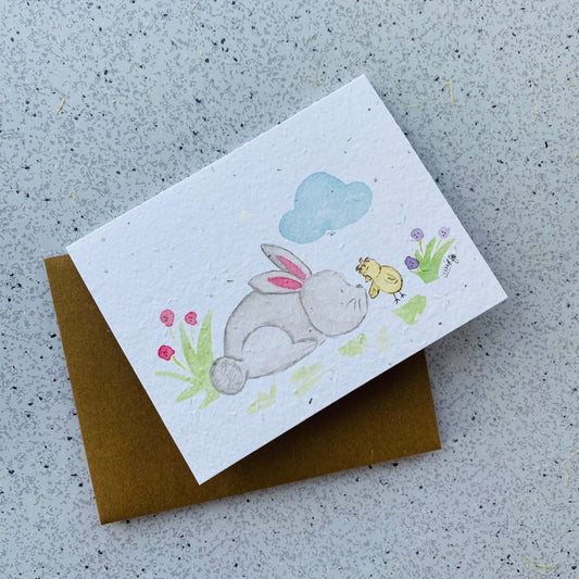 Carte de souhaits en papier ensemencé - Lapin et poussin