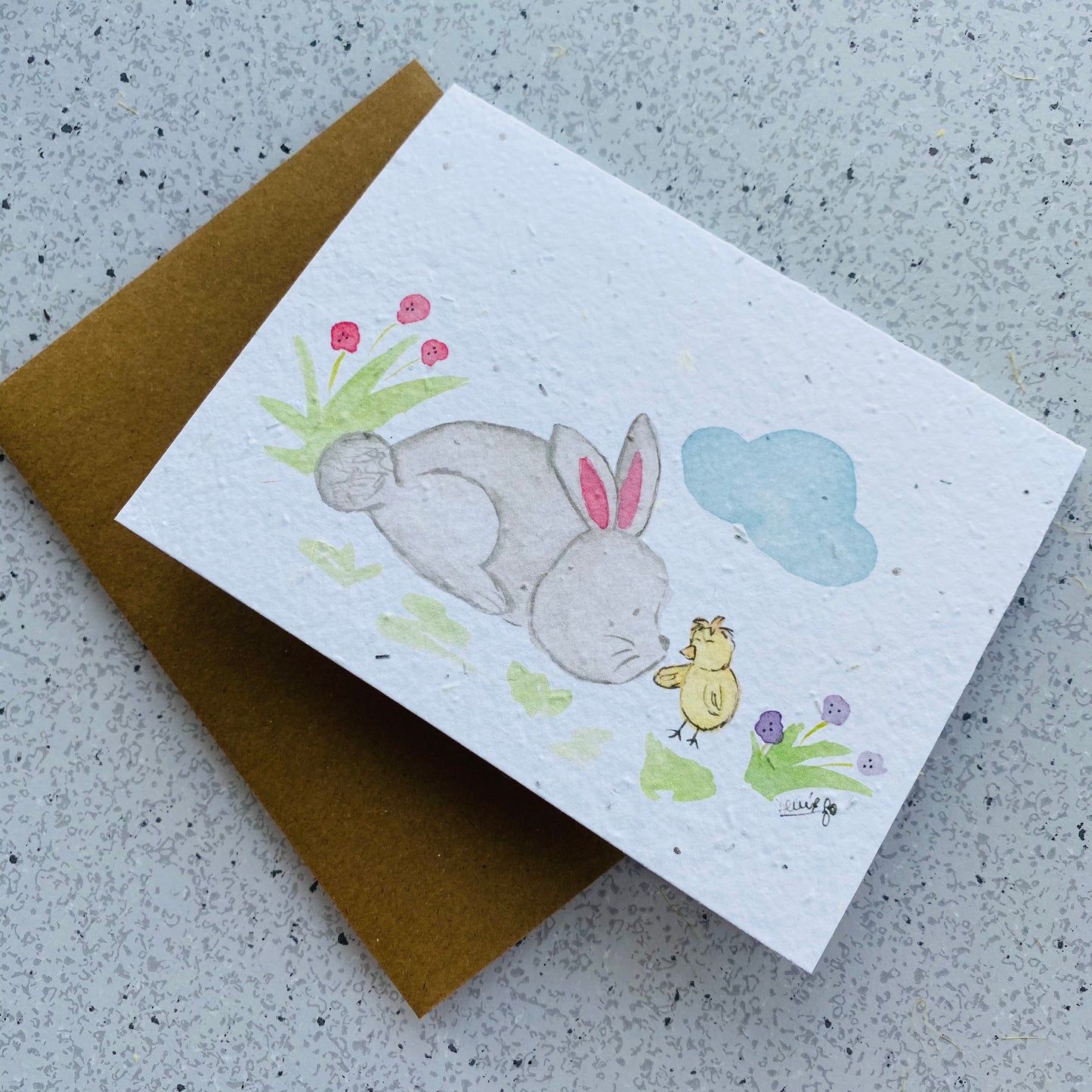 Carte de souhaits en papier ensemencé - Lapin et poussin