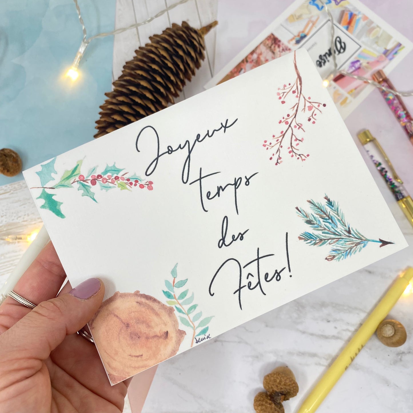 White Linen paper greeting card - Joyeux temps des fêtes