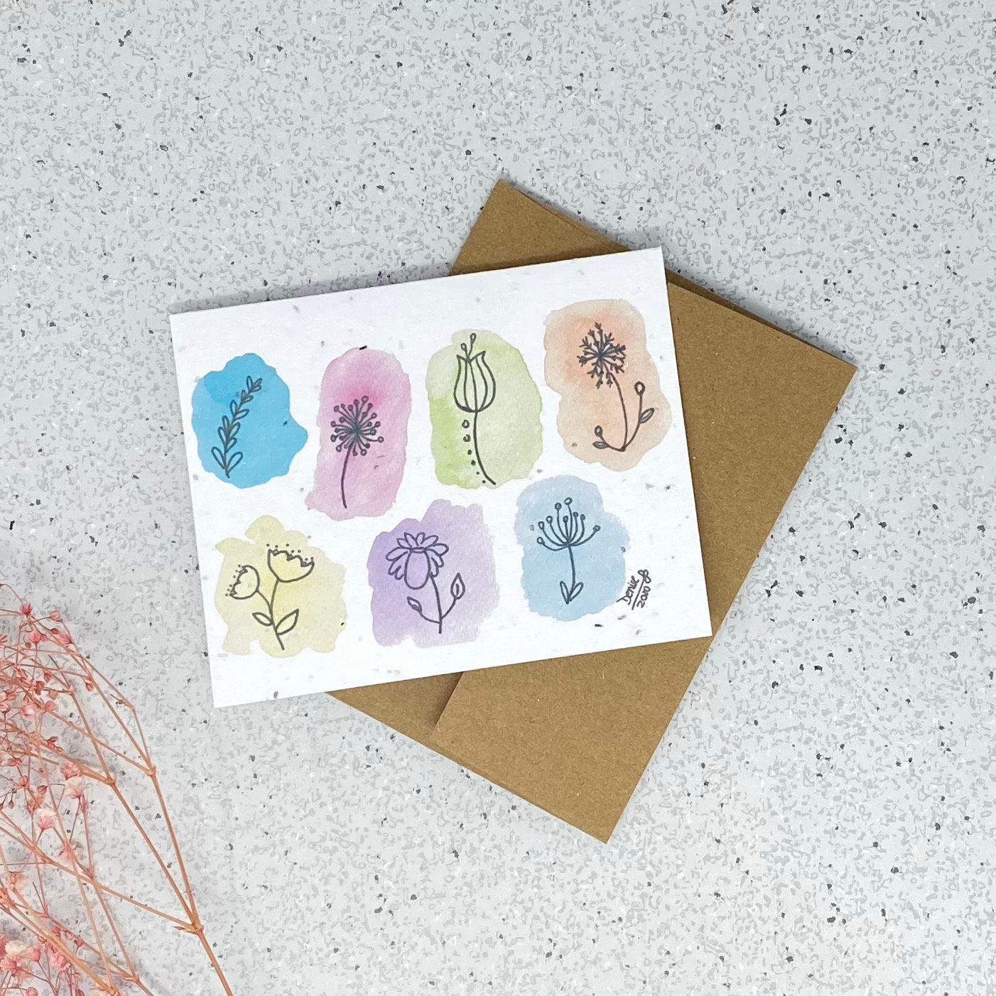 Carte de souhaits en papier ensemencé - Fleurs aquarelle