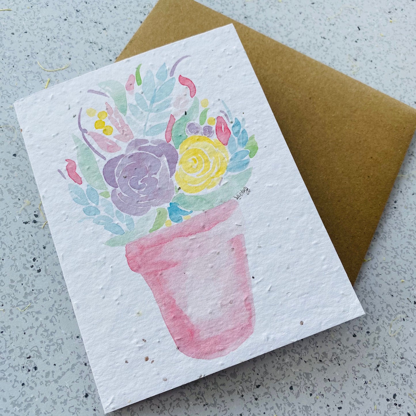 Carte de souhaits en papier ensemencé - Pot de fleurs de printemps