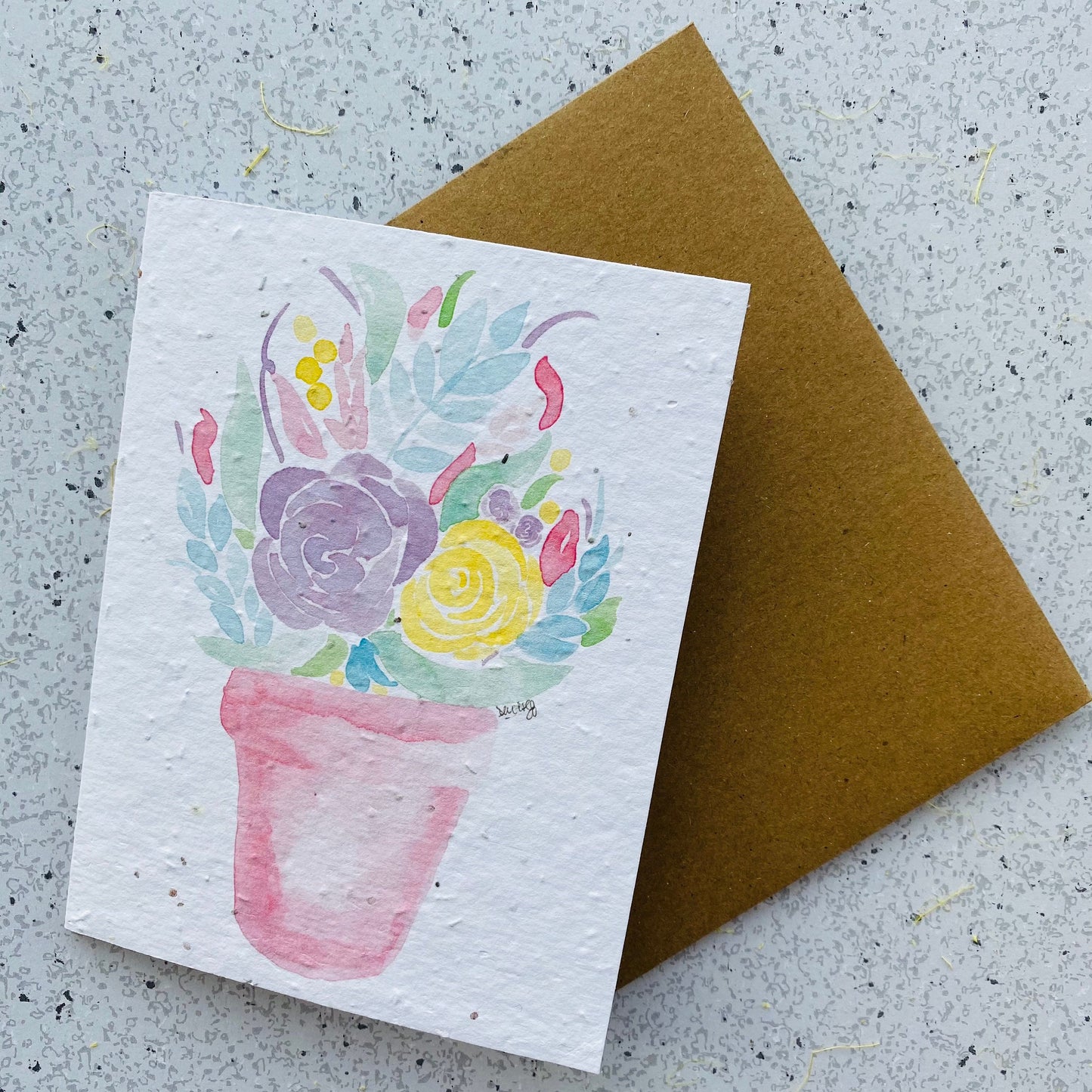 Carte de souhaits en papier ensemencé - Pot de fleurs de printemps