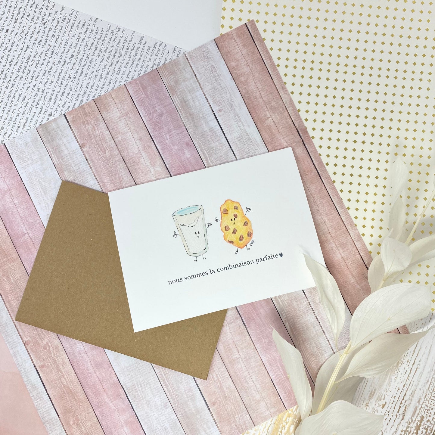 White linen paper greeting card - Milk & cookie