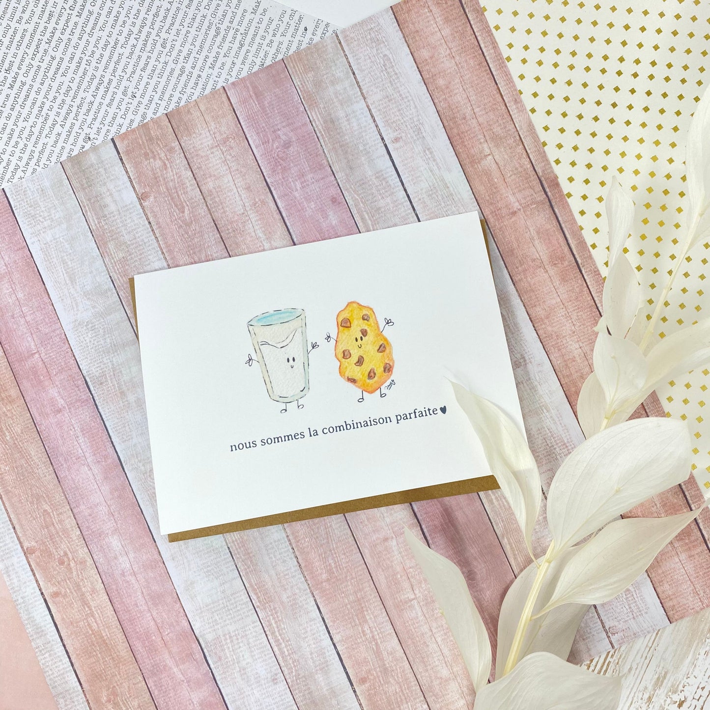 White linen paper greeting card - Milk & cookie